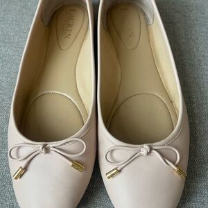 Lauren Ralph Lauren Pale Pink Leather Ballet Flats with Bow and Gold Tips